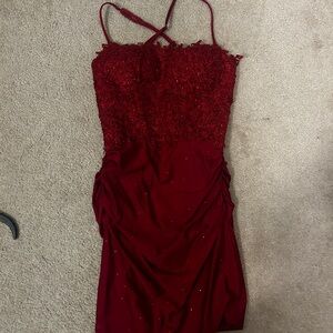 Red Lace & Sequin Spaghetti-Strap Evening Dress